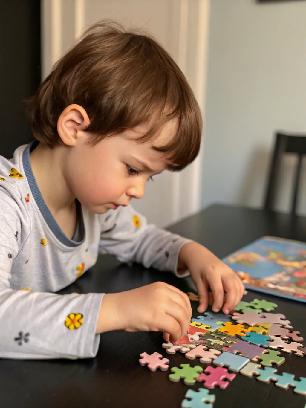 A close-up shot of a child's hands carefully manipulating a wooden puzzle, showcasing the tactile engagement and fine motor skill development fostered by Montessori Educational Materials.