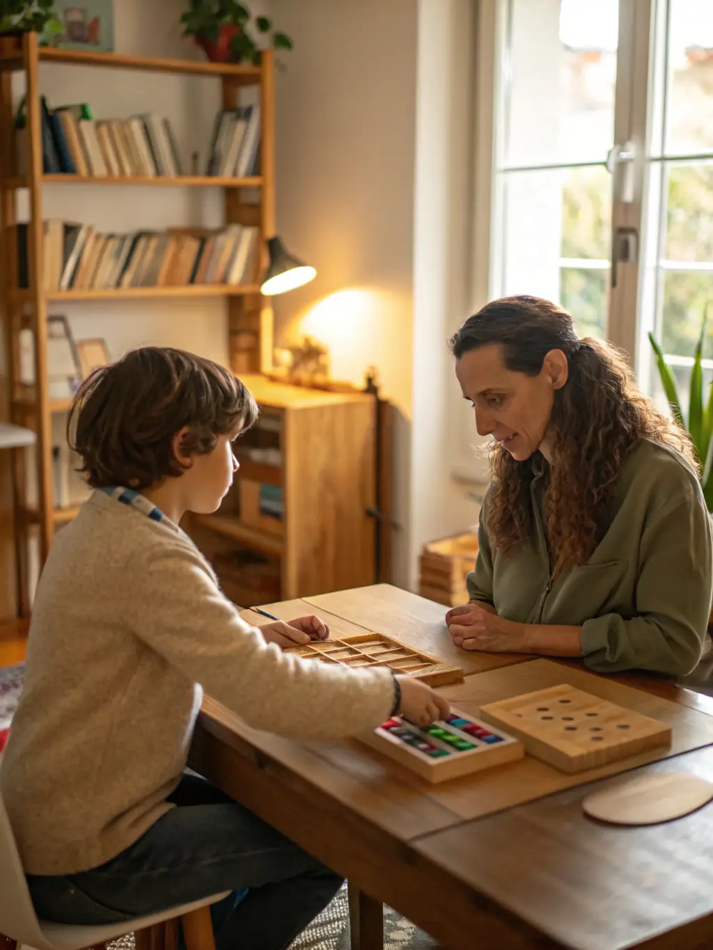 A teacher guiding a child through a Montessori activity with educational materials, emphasizing the support for independent learning and problem-solving skills.